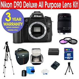 25 Piece All Purpose Kit with Nikon D90 12.3 MP Digital SLR Camera + Sigma 28-300mm f/3.5-6.3 DG IF Macro Aspherical Lens + 8 GB Memory Card + Multi-Coated 3 Piece Filter Kit + Premier Holster Case + 50 Tripod + 6 Piece Camera Accessory Kit + 3 Year Celltime Warranty Repair Contract