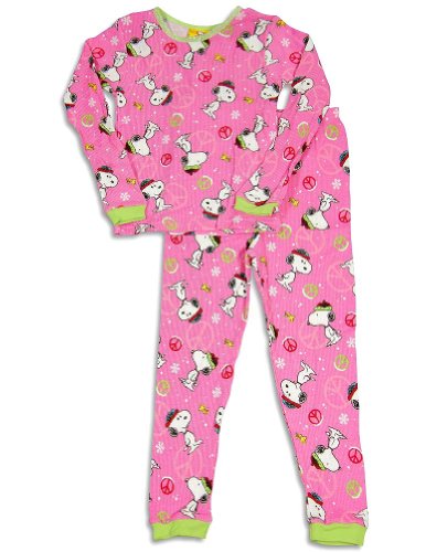 Peanuts - Girls Long Sleeve Thermal Snoopy Pajamas, Pink, Lime (Size 6)