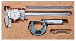 Mitutoyo 950-903, Tool Kit, 0-1" X .0001" Friction Thimble Micrometer, 6" X .001" X .100"/Rev. Dial Caliper, 6"(3R) Satin Chrome Scale, In Mahogany Case