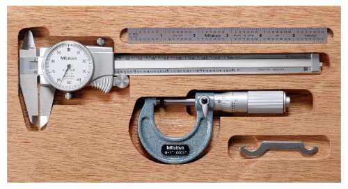 Mitutoyo 950-903, Tool Kit, 0-1 X .0001 Friction Thimble Micrometer, 6 X .001 X .100/Rev. Dial Caliper, 6(3R) Satin Chrome Scale, In Mahogany Case
