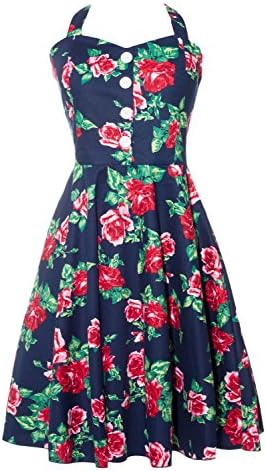 Vintage Style Retro Floral Halter ButtonEmpire A-line Dress (Medium)