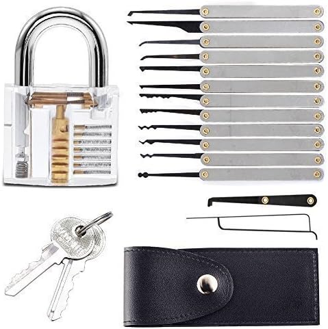 Professional Lock Tools With Transparent Padlock | Visible Cutaway View Padlock With 2 Keys | 12 Picks With Crochet Hook, Wrenches, And Premium Leather Carrying Pouch |