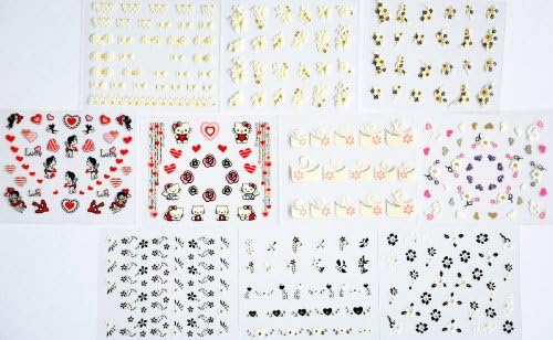 10pcs/package nail stickers decals multi mix designs including valentine's nail stickers/cupid/heart/kitty/flowers/white flowers with gold/black and white flowers/colorful flowers/french semi-paste nail stickers/etc.