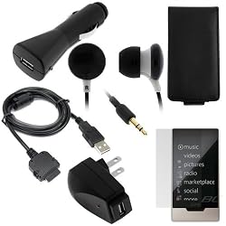 GTMax USB Rapid Car Charger + USB Home Travel Charger + USB Data Cable + LCD Screen Protector + Black Leather Flip CoverCase + Black Soft Gel Earbud Headset for Microsoft Zune HD