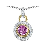1.30 cttw 925 Two Tone Sterling Silver and Created Round Pink Tourmaline Pendant