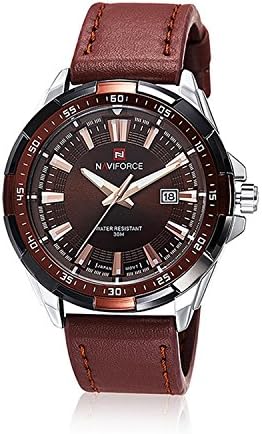 Naviforce Men's 9056 Leather Strap Quartz Watch (Brown Silver)