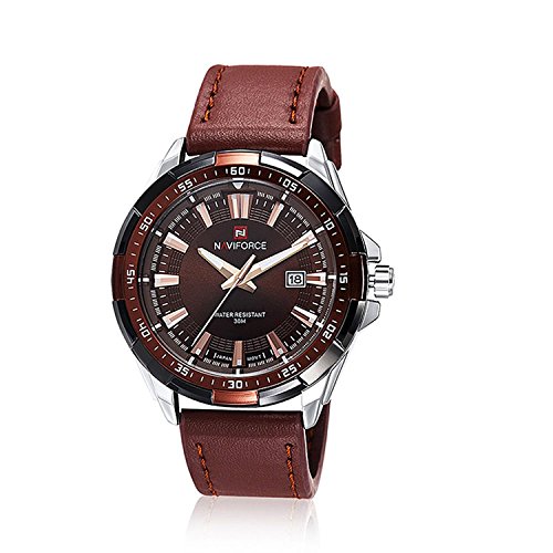 Naviforce Men's 9056 Leather Strap Quartz Watch (Brown Silver)