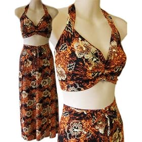 Fiery Lava Batik Luau Adjustable Halter Top Sarong Wrap Pantset Rockabilly PINUP