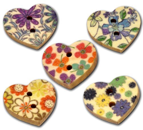 50 Heart Shaped Painted Wooden Buttons in Mixed Designs with Shizaru Designs Gift Bag