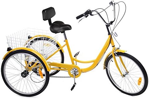 Kissmoji 6 Speed 24" 3 Wheel Adult Tricycle Bicycle Trike Bike Basket White/Black/Yellow (Yellow)
