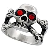 Surgical Steel Skull Ring Cut-out Cross Bones Ring Red CZ Eyes 5/8 in. (16mm) wide, size 11
