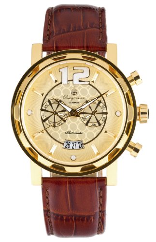 Burgmeister Santa Fé BM130-275 Automatik Uhr gold goldenes Zifferblatt  Datum/Tag/Monat rotbraunes Lederarmband
