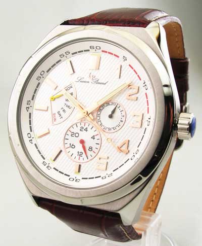 Mens Lucien Piccard Leather Day Date 24 Hour Time Watch 28104BR