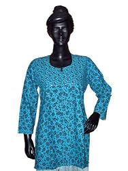 New Designer Kurtis- Blue Cotton Tunics Printed Valley of Flowers S From India For Free Shipping