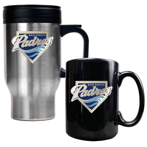 San Diego Padres MLB Stainless Steel Travel Mug & Black Ceramic Mug Set - Primary Logo