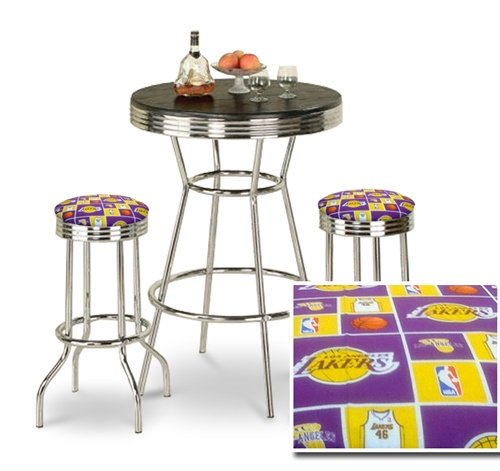 Chrome Bar Table & 2 Chrome Finish Los Angeles Lakers NBA Fabric Seat Barstools