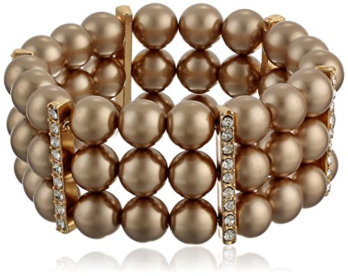 Simulated Pearl and Crystal Triple-Row Bracelet, 7"