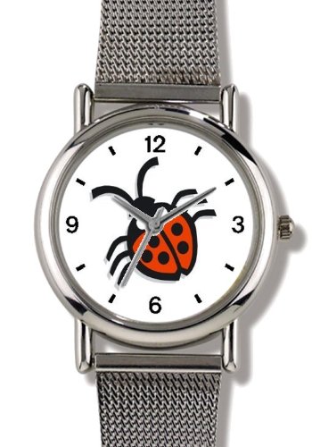 Ladybug (Ladybird) Insect - Animal - WATCHBUDDY® ELITE Chrome-Plated Metal Alloy Watch with Metal Mesh Strap-Size-Large ( Men's Size or Jumbo Women's Size )