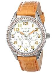 Invicta Womens 12606 Angel White Mother-Of-Pearl Dial Crystal Accented Light Orange Leather Band Watch