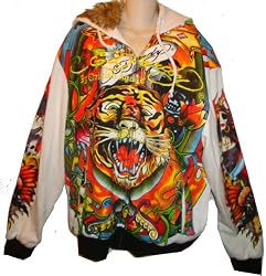 Men's Ed Hardy Sweat Jacket Hooded Hoodie Platinum All Over Fur Lined Hoody XXL