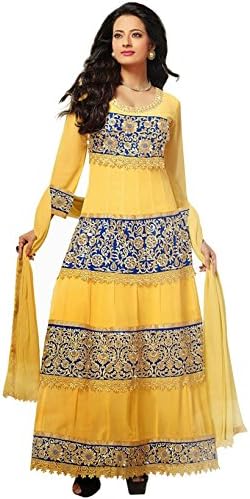 IndusDiva Women's Yellow Georgette and Shantoon Anarkali Churidaar