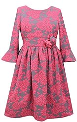 Girls Floral Print Fit-and-Flare Bell Sleeves Rayon/Spandex/Knit Applique Piping Jacquard Round Neck  Dress