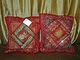 2 Alizarin Beaded Embroidered Cushion Covers Vintage Sari Pillow Covers 16x16 inches