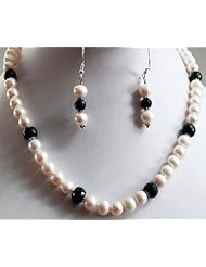 Exclusive Designer Natural Fresh Water Pearl & Emerald Beaded Single Strand Necklace + Free Earrings