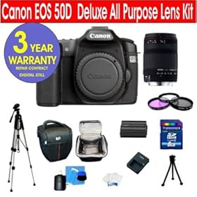 20 Piece All Purpose Kit with Refurbished Canon EOS 50D 15.1 Digital SLR Camera + Sigma 28-300mm f/3.5-6.3 DG IF Macro Aspherical Lens + 8 GB Memory Card + Multi-Coated 3 Piece Filter Kit + Premier Holster Case + 50 Tripod + 6 Piece Camera Accessory Kit + 3 Year Celltime Warranty Repair Contract