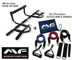 Super Sale! Maximum Fitness Gear Chin up Bar + 3pc Adjustable Resistance Bands (60 Lbs. Max) + 6 Pack ABS Guide, Best Value! Includes Padding for Door Trim Protection! Fast Shipping!