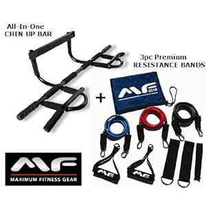 BEST VALUE! Maximum Fitness Gear Chin up Bar + 3pc Adjustable Resistance Bands (60 Lbs. Max) + 6 Pack ABS Guide! Includes Padding for DOOR TRIM PROTECTION! Fast Shipping!