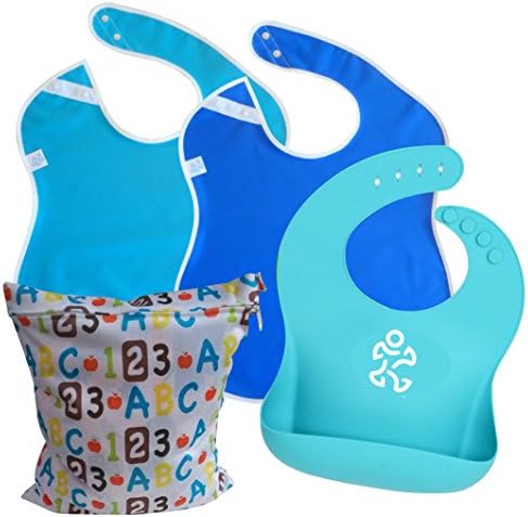 NEW Toppy Toddler Silicone Bib with Pocket, 2 Large Waterproof Bibs with snap buttons and Wet or Dry Bag (4 Piece Set)