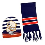 100% Acrylic Boy's Knitted Hat Cap Scarf Set with Stripes and Embroidered Cartoon Bear - Various Colors