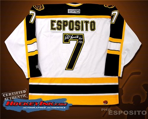 Phil Esposito Autographed/Hand Signed Boston Bruins White Jersey