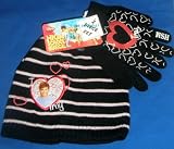 High School Musical Winter Set: Beanie Hat and Gloves by Disney - Black Knit, Pink Striped