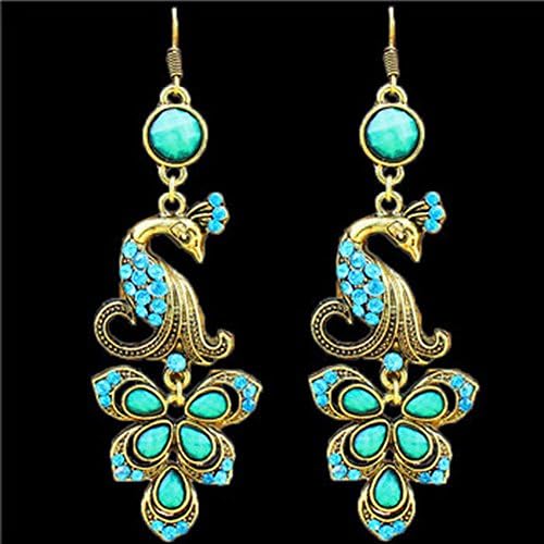 Tibet Alloy Antique Bronze Plated Fantastic Crystal Peacock Pendant Dangle Earrings (Blue)