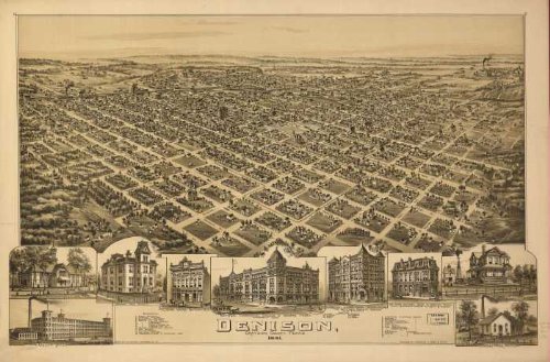 Denison, Grayson County, Texas 1891. Drawn by T. M. Fowler., large historic panoramic map reprint 54x36