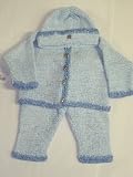Cpk1, Knitted on Hand Knitting Machine Hand Crochet Finished Little Boys Outfit Blue Chenille with Denim Chenille Trim Cardigan Sweater, Pant, Hat Set in Sizes 0-6mo, 6-12mo, 12-18mo, 18-24mo