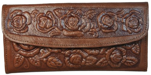Womens Western Wallet Tooled Leather Clutch with Roses has Mirror Brown