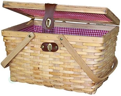 Vintique Wood Large Gingham Lined Wood Picnic Basket by Quickway Imports