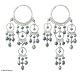 Pearl earrings, 'Blue Ruffled Hoops' 2