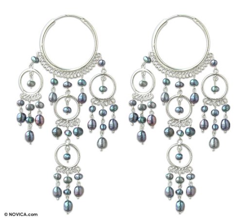 Pearl earrings, 'Blue Ruffled Hoops' 2 W 4.9 L