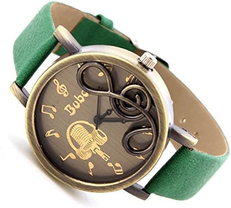 Vintage Wrist Watch PU Band Analog Retro Steel Case Music notation Fashion Watches (green)