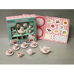Authentic Sanrio / Nakajima Japanese Hello Kitty Mini Porcelain Tea Set with matching stickers - Brand New Release for 2009 Happy Holidays Christmas Miniature Doll House Tea Set.