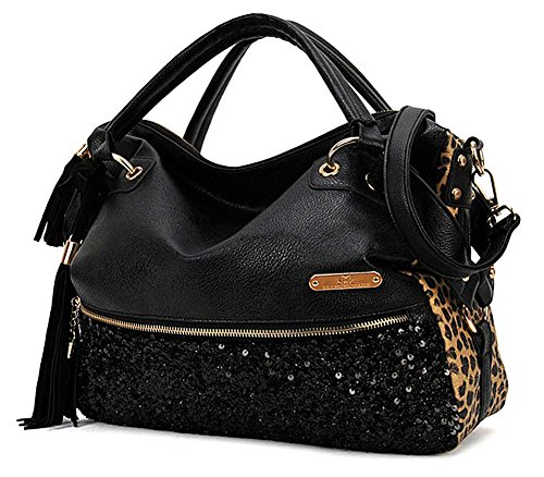 Sun*Glory New Women Handbag Shoulder Bags Tote Purse PU Leather Women Messenger Hobo Bag (Leopard Sequins)