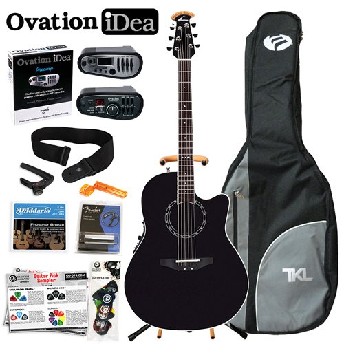 Ovation Standard Balladeer 1861AX AcousticElectric Guitar with Ovation OP-Pro and iDea OPi-1 Preamps - Includes Planet Waves 16 Pick Sampler Pack DAddario EJ16 Fender String Winder Fender Steel Slide NS Capo Lite Ultra Stand Planet Waves Strap and TKL Gig