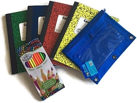 Back To School Supplies Bundle includes: 4 Composition Bright Color Notebook, 12 fashion Neon Wood Colored Pencils and 1 Indigo Blue Binder Pouch