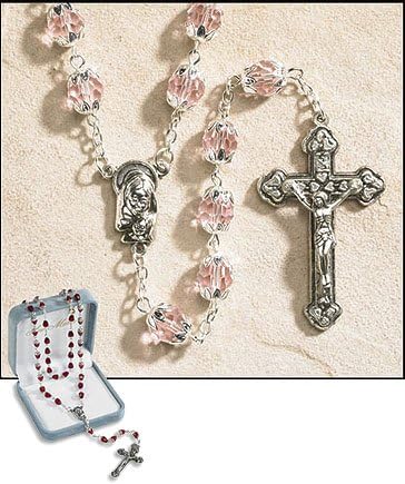 25" L, 1.75" Crucifix Ave Maria October (Rose) Double Capped Birthstone Rosary