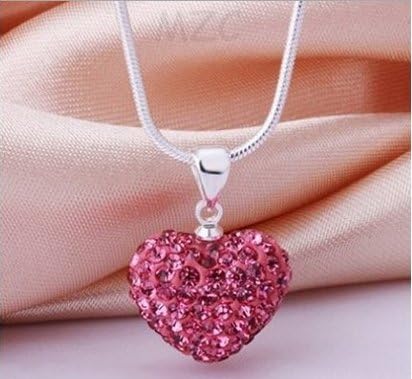 iCherry(TM) Polymer Clay Crystal Rhinestone Shamballa Beads Necklack 12*14mm Heart Love Pendant Neckacke Women's Charms Jewelry (Pink)