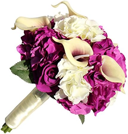 Easin Wedding Bride Holding Bouquet Roses Calla Lily with Pearl Pin Ribbon